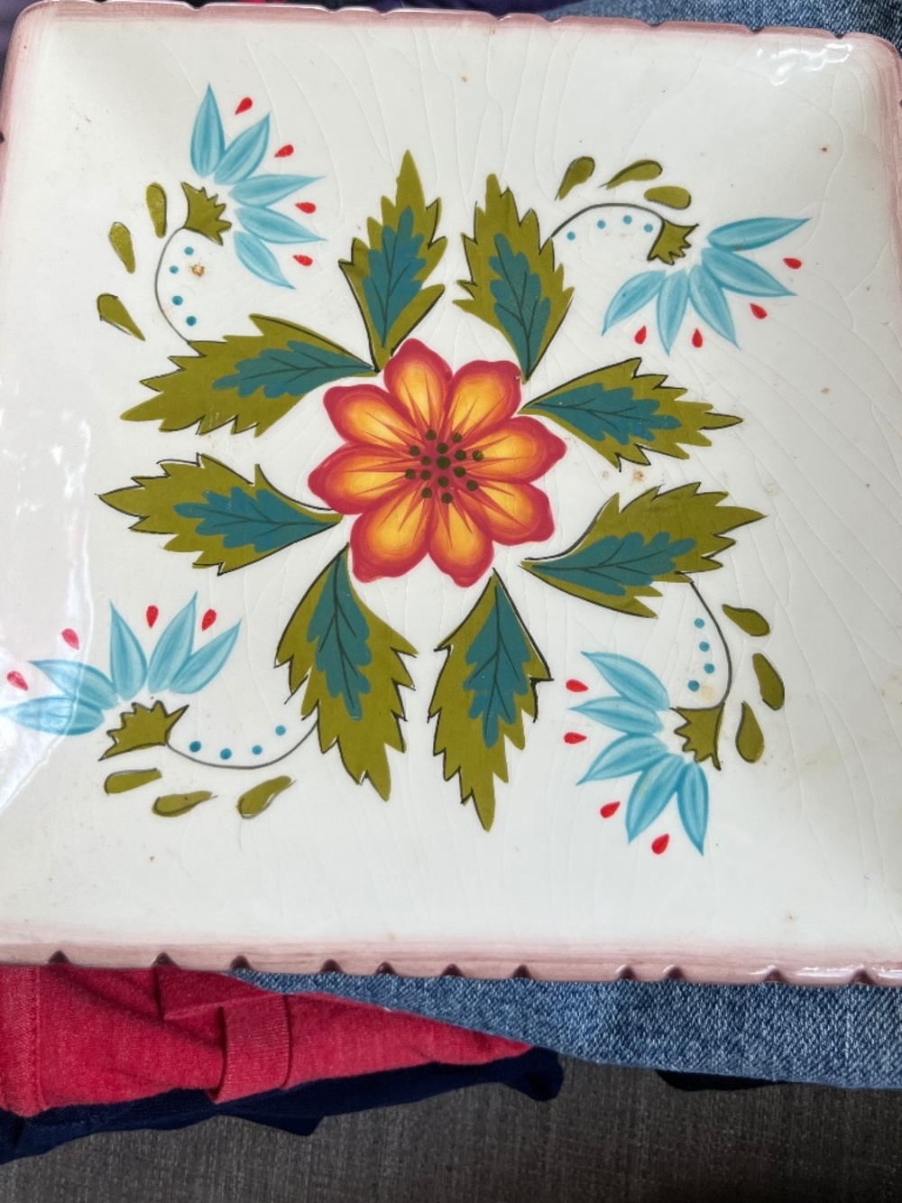 3 vintage clay art wildflower square plate